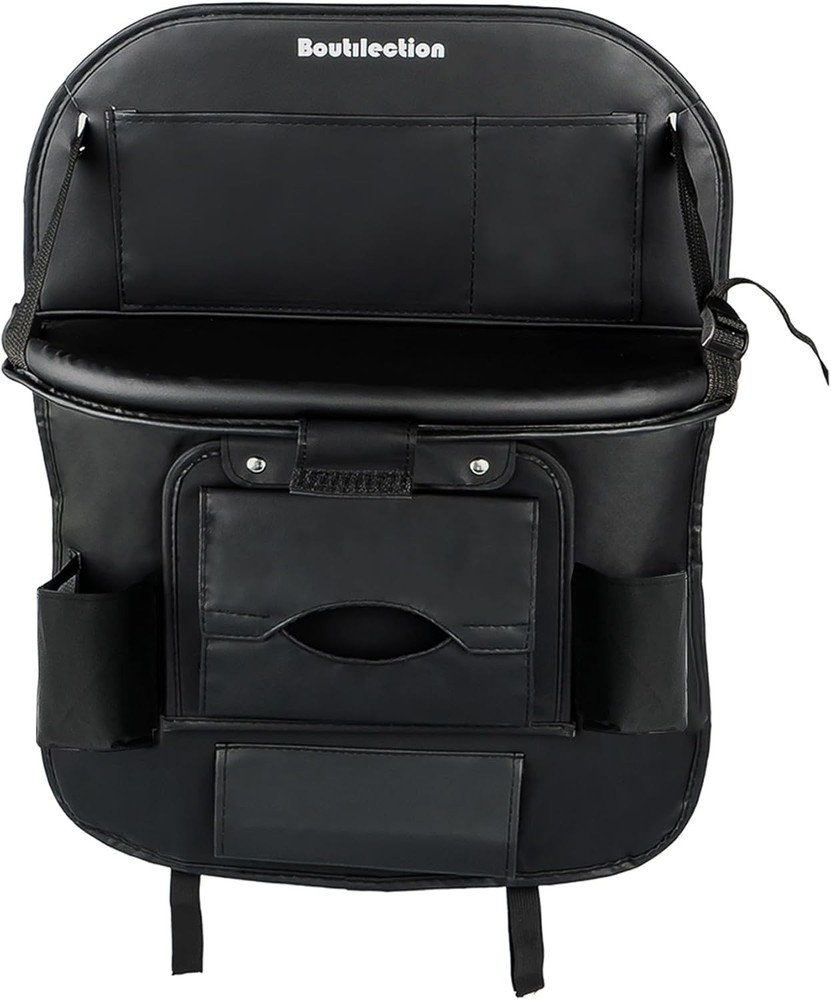 Foldable PU Car Backseat Organizer with Storage Box & Tray for Kids in Black
