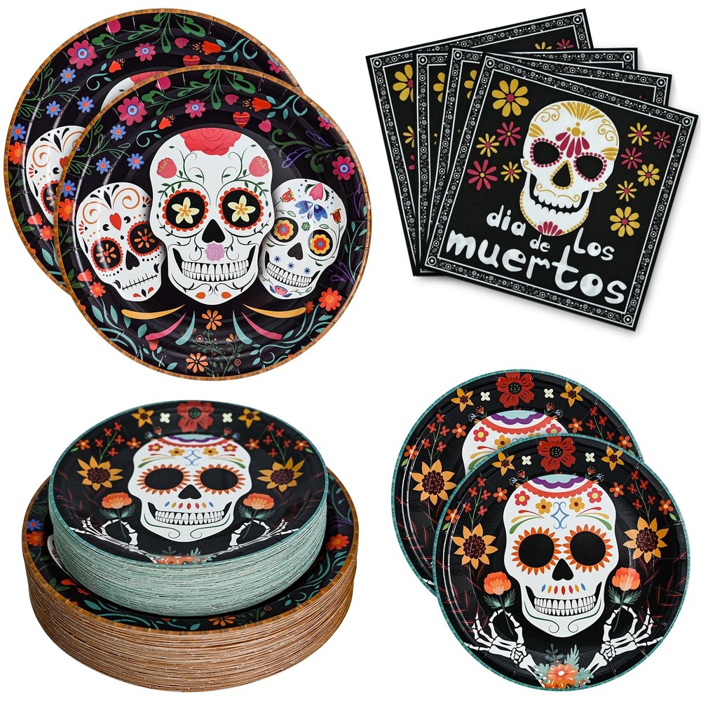 180Pcs Day of the Dead Party Plates and Napkins Set,Sugar Skull Tableware Dec...