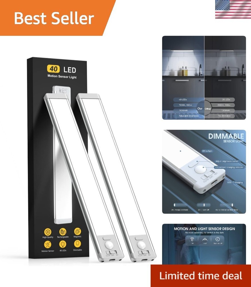 Cool White LED Under Cabinet Lights - 40 LED Rechargeable Motion Sensor, 2 Pack