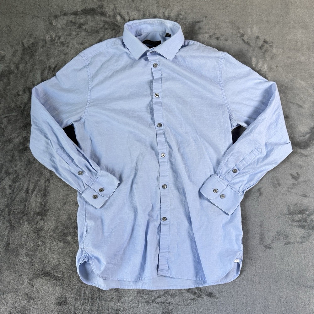 John Varvatos Signature Tailored Slim Fit Dress Shirt Blue Cotton Blend 15.5