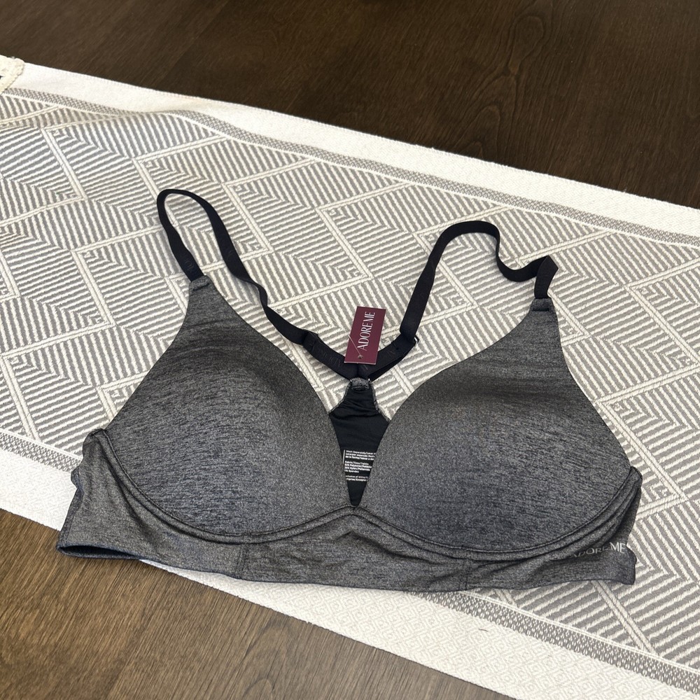 Adore Me Bra NWT 34C Gray & Black Padded New Plunge & Racer Back