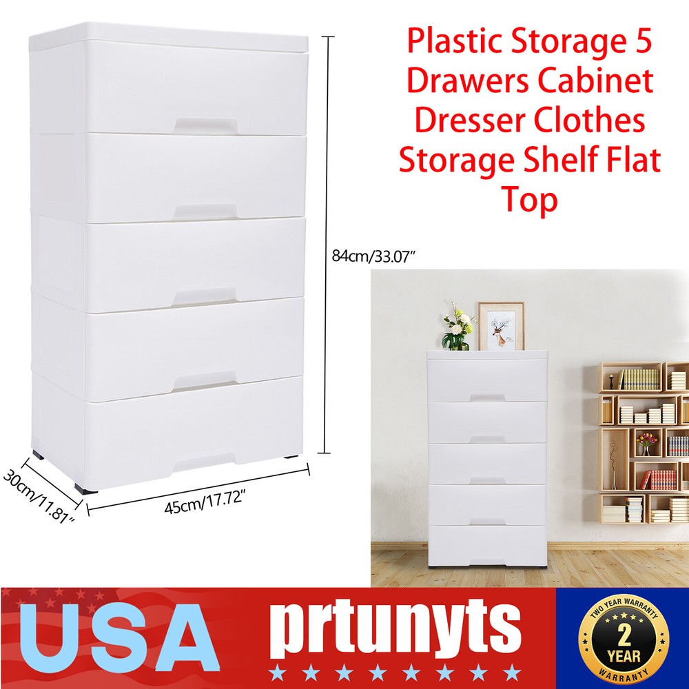 5-Drawer Plastic Storage Cabinet for Clothes with Flat Top Shelf