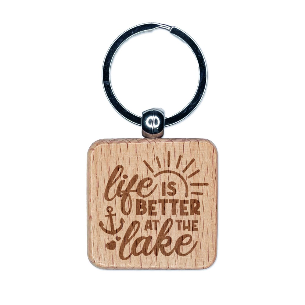 Life is Better at the Lake Engraved Wood Square Keychain Tag Charm