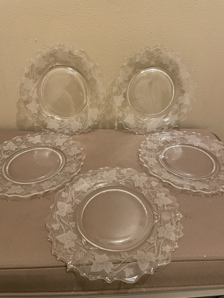 5 Beautiful Heisey Clear Glass 8” Salad Plates, Scalloped Edges, Etched Ivy