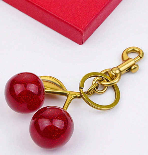 Glitter Resin Red Cherry Bag Charm with Metal Brass Keychain