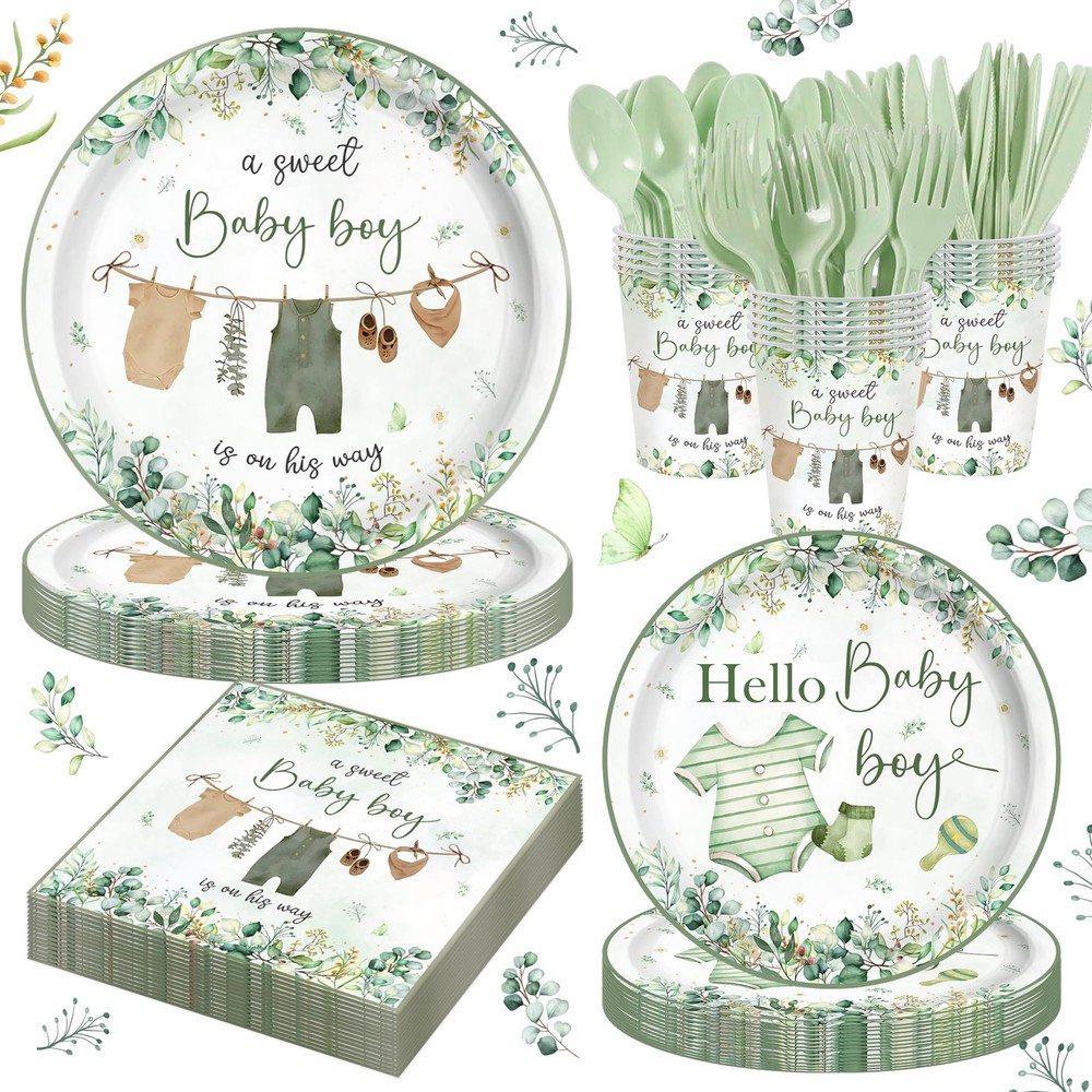 140PCS Greenery Baby Boy Shower Decorations Tableware Set, Boho Greency Party...
