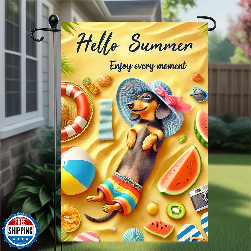 BlissYard Summer Dachshund Beach Garden Flag with Pool and Sea Decor