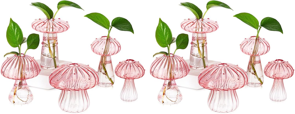 10Pcs Pink Glass Mushroom Bud Vases for Plants and Flowers
