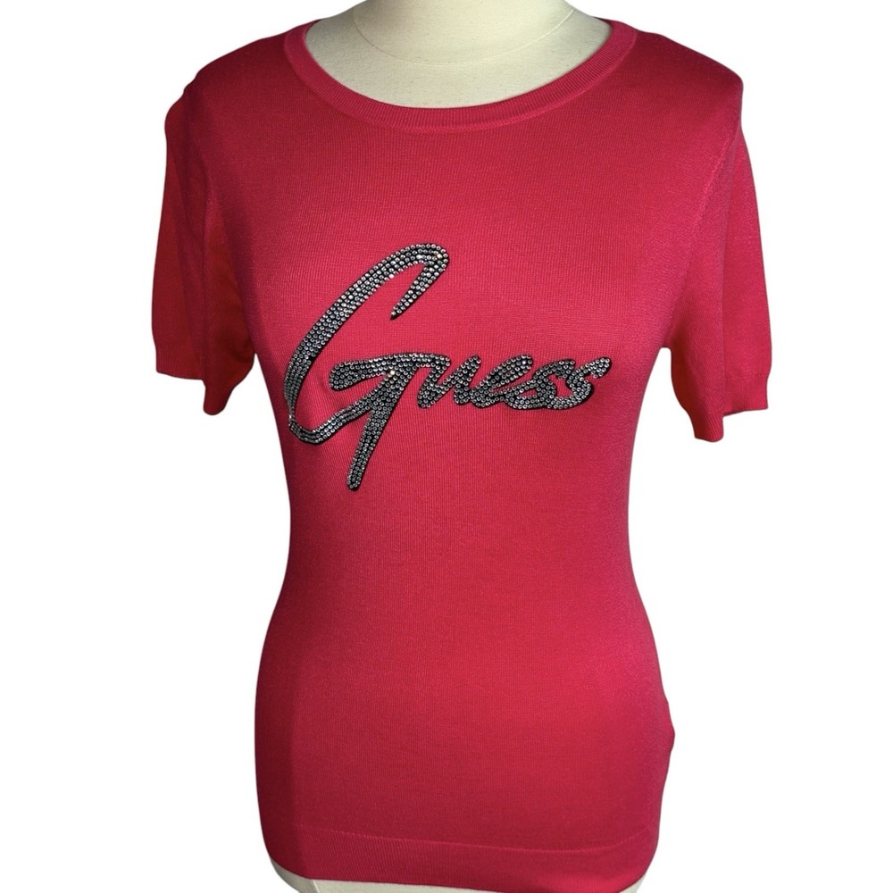 Guess Women's Popping Pink Short Sleeve Sweater L Rhinestone Logo Casual