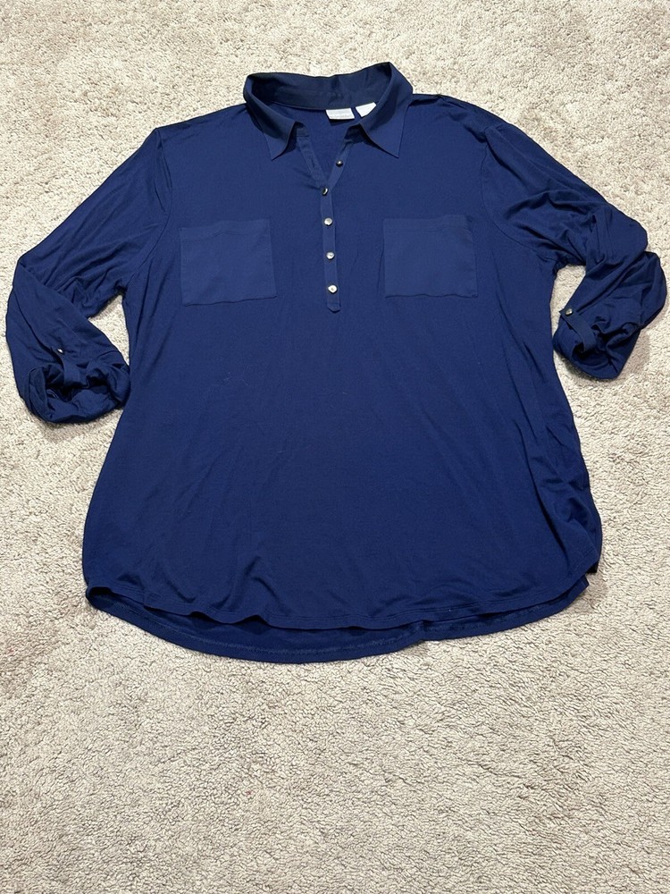 Chico's Womens Shirt Size 3 Blue 1/4 Button Soft Pockets Classic Comfort
