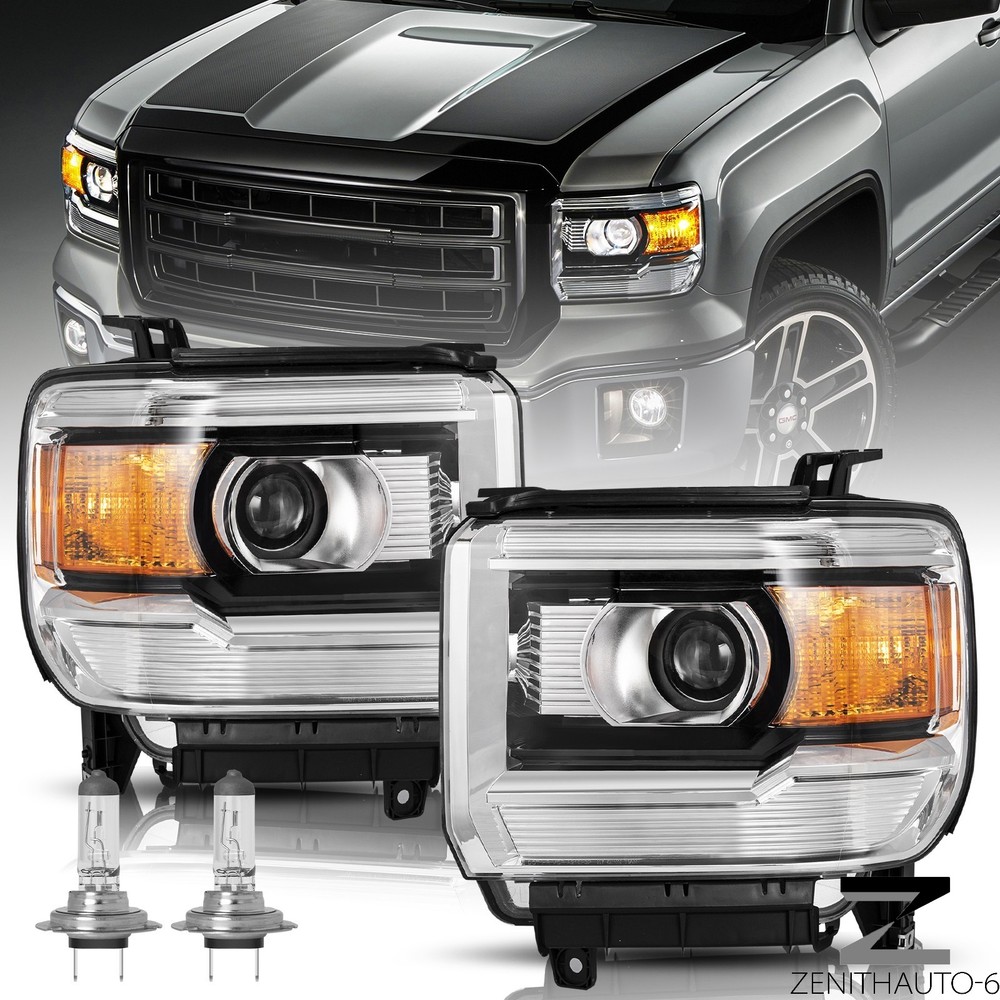 For GMC Sierra 1500 14-18 / 2500HD 3500HD 15-19 Projector Chrome Headlights Pair