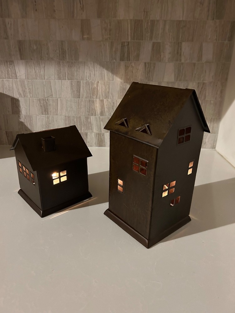2 NEW Vintage TAG Country Farmhouse Tealight Candle Holder Metal House Lanterns