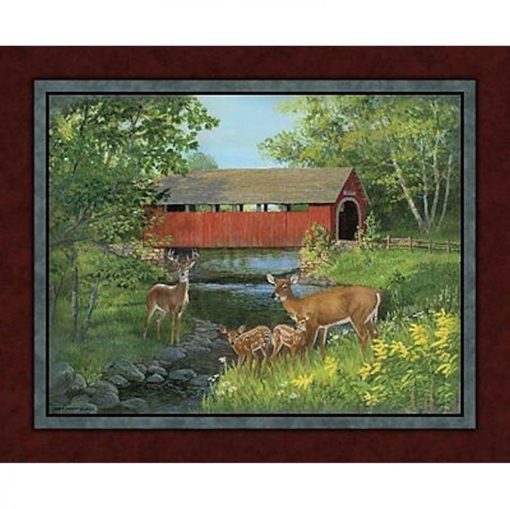 Deer Covered Bridge Fabric Wall or Quilt Top Panel 100% Cotton Wild Wings