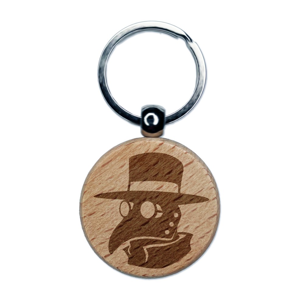 Plague Doctor Mask Engraved Wood Round Keychain Tag Charm