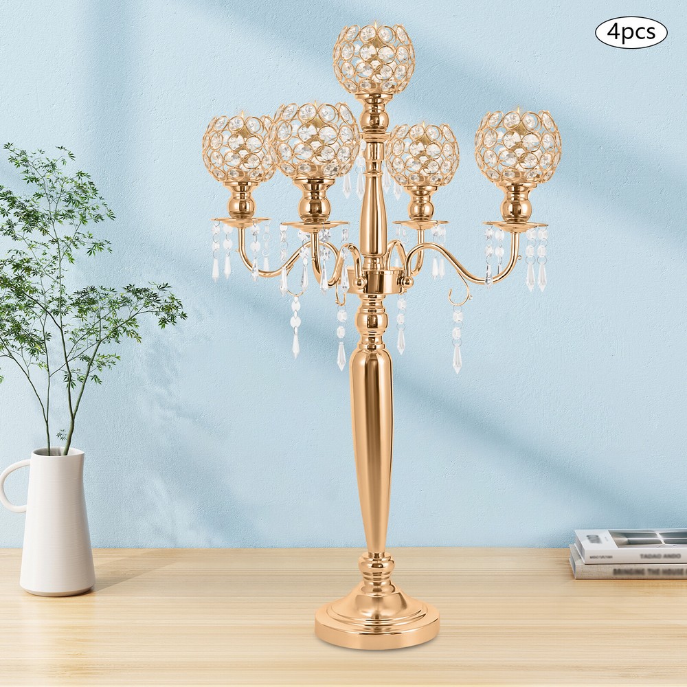 5-Arm Crystal Candelabra Centerpieces - Gold Candle Holders Set of 4