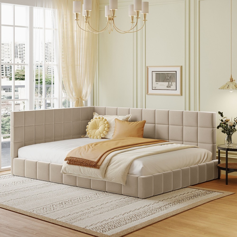 Beige Velvet Full Size Upholstered Daybed Sofa Bed Frame Modern Sleeper Design