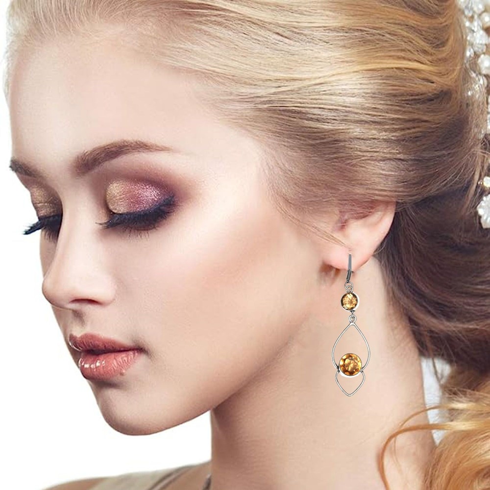Citrine Topaz Gemstone Ethnic Silver Earrings for Women and Men 1.5 Inches