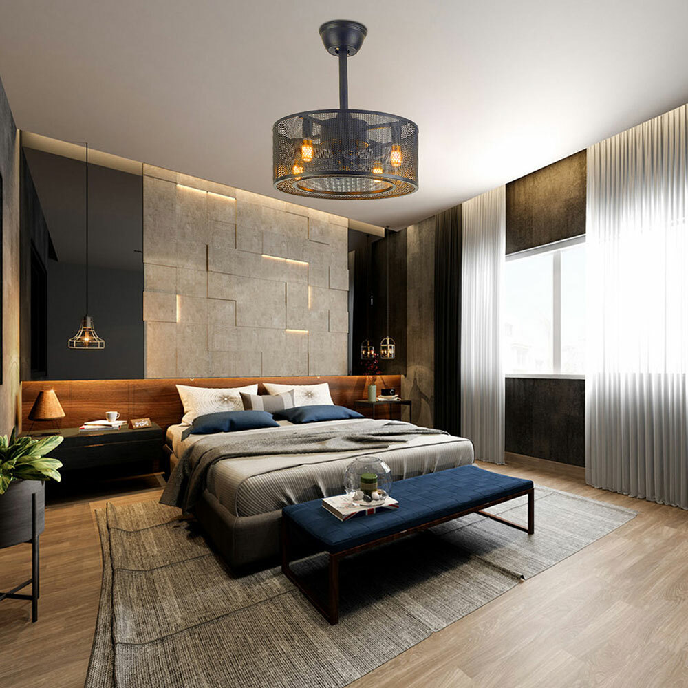 Black Caged Farmhouse Ceiling Fan Light Industrial Style Chandelier Lamp Fixture