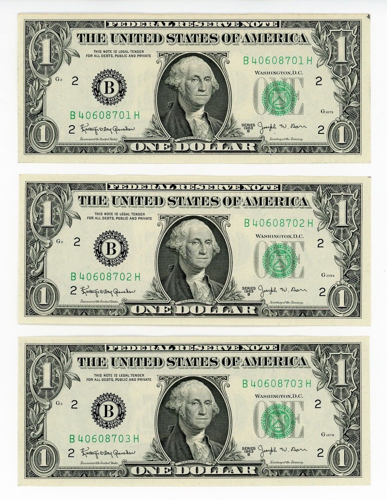1963 Series $1 Federal Reserve Notes Consecutive Barr Notes Crisp UNC Lot of 3