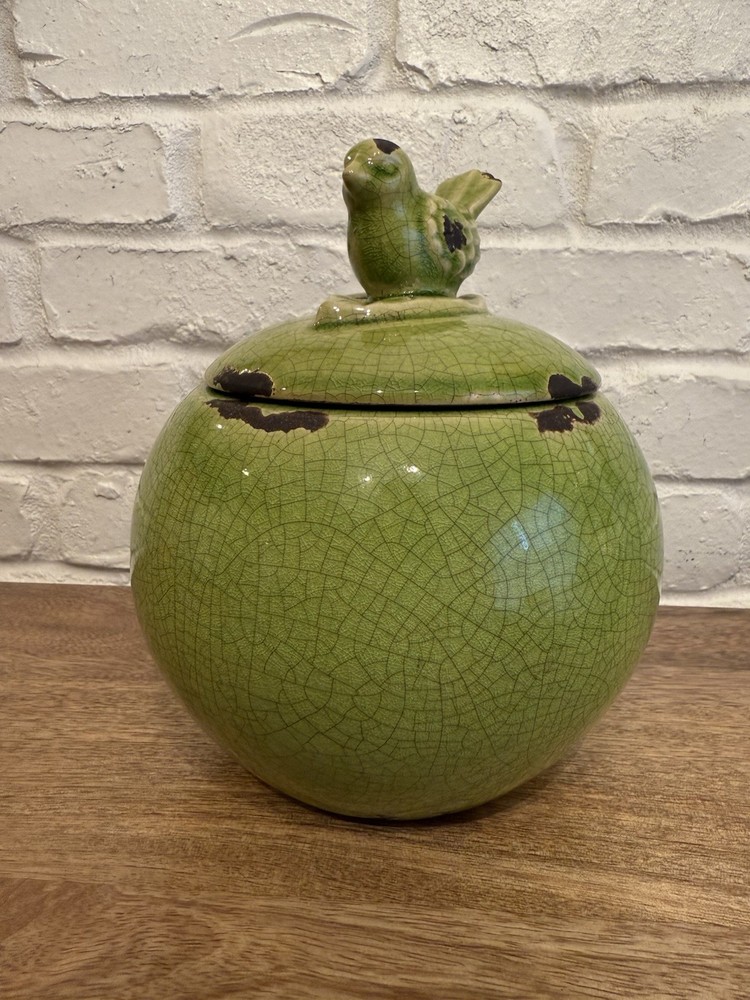 Farmhouse Green Crackle Glaze Round Vase with Bird Lid