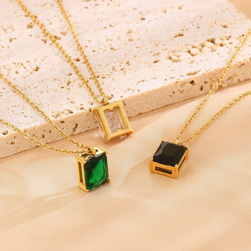 Titanium steel square glass pendant necklace gold women's collarbone chain