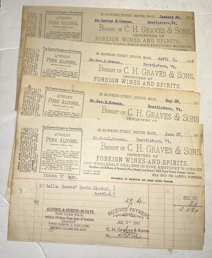 4 Antique Billheads C H Graves & Son Foreign Wines & Spirit Boston Mass Alcohol￼