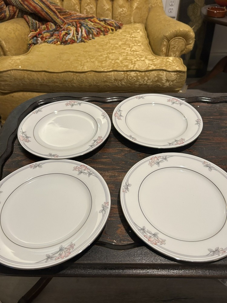 FOUR Noritake TARKINGTON 3695 SALAD PLATES, Porcelain, Silver Trim, Sri Lanka