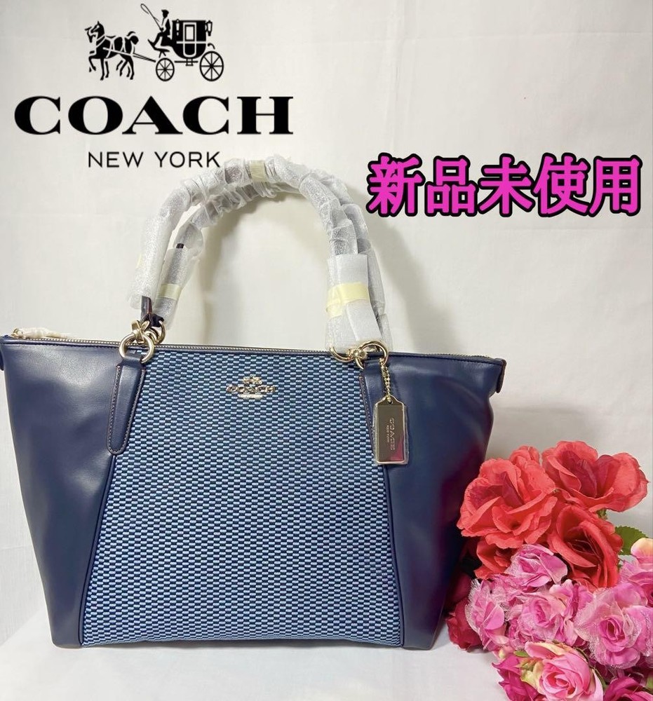 COACH Navy Leather Tote Bag with Gold Charm for Business & Work