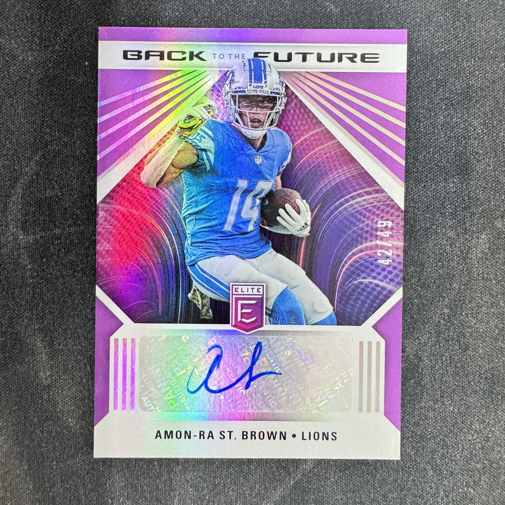 Amon-Ra St. Brown 2022 Panini Donruss Elite Back to Future Purple Auto /49 -hh