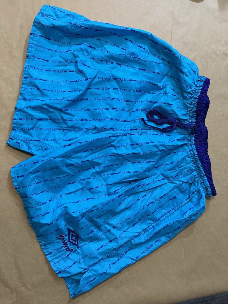 Vintage 90s Umbro Shorts Adult Small Teal Blue Trim Soccer Nylon Made in USA