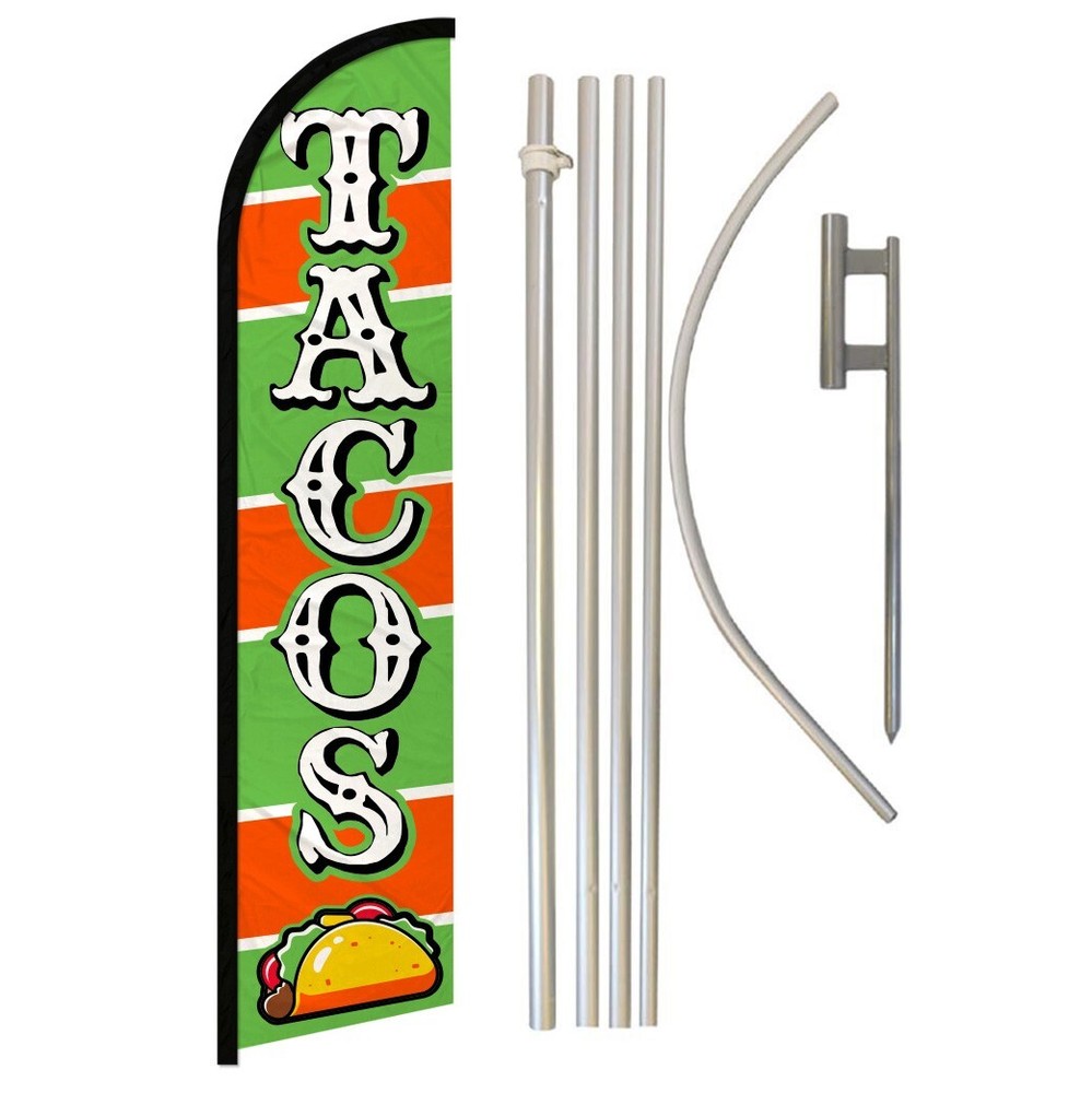 Tacos Full Curve Windless Swooper Flag and Pole Kit for Concessions Food Stands in Green and Orange