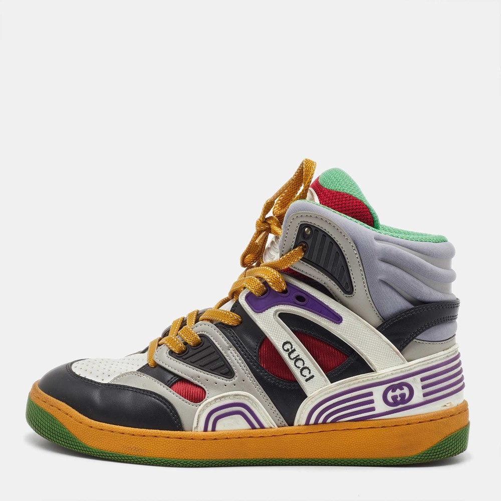 Gucci Multicolor Mesh Canvas Leather Basket High Top Sneakers Size 37