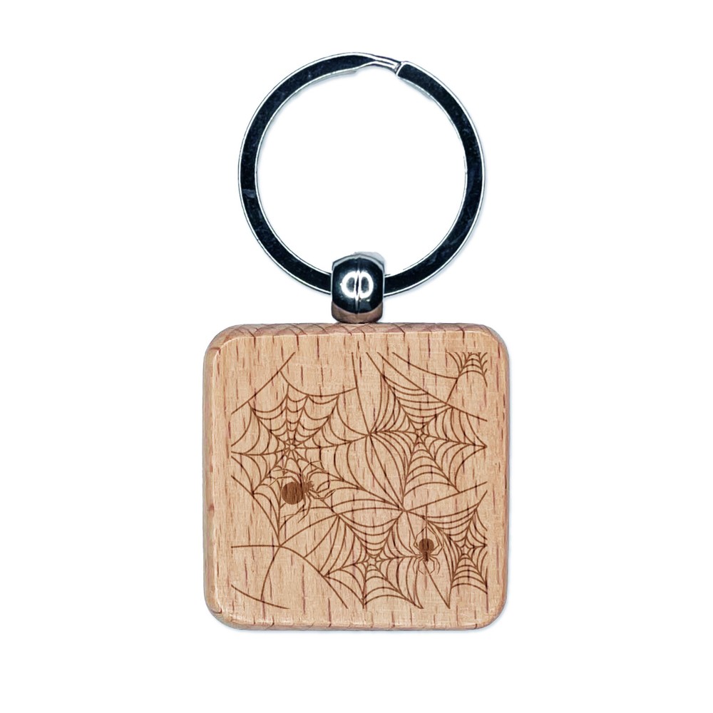 Creepy Spider Web Halloween Engraved Wood Square Keychain Tag Charm