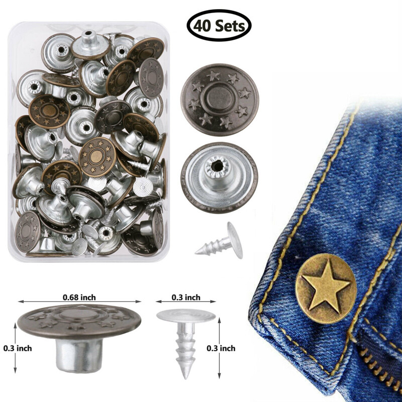 40 Set Metal Denim Jeans Tack Snap Buttons Rivets Repair Replacement+Box 17mm US