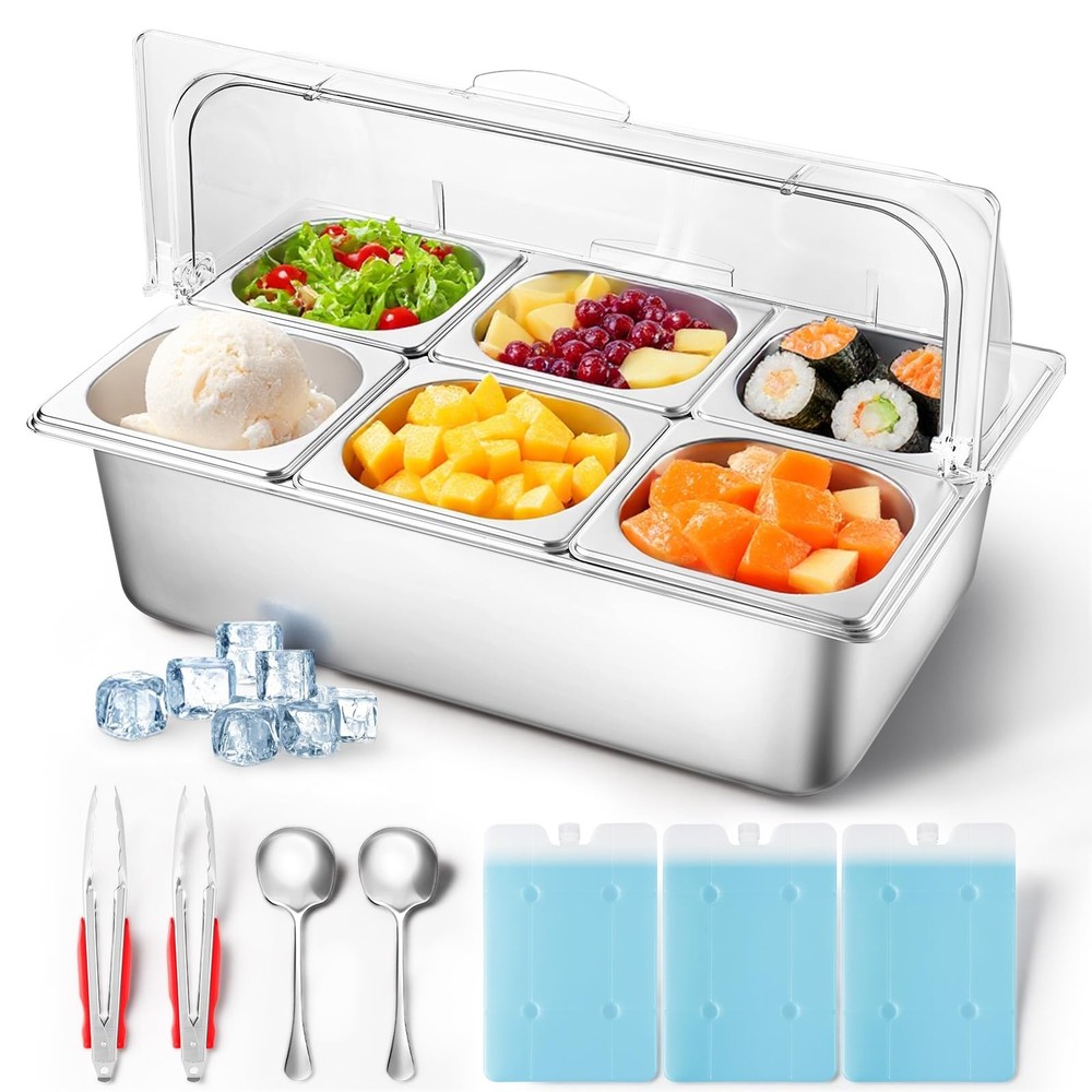 Stainless Steel Ice Food Serving Display Container 6 Pans 3 Ice Packs Cooled ...