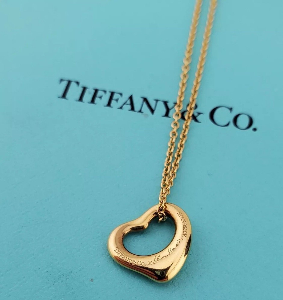 TIFFANY & CO 18K YELLOW GOLD ELSA PERETTI 11MM OPEN HEART PENDANT ON 16” CHAIN