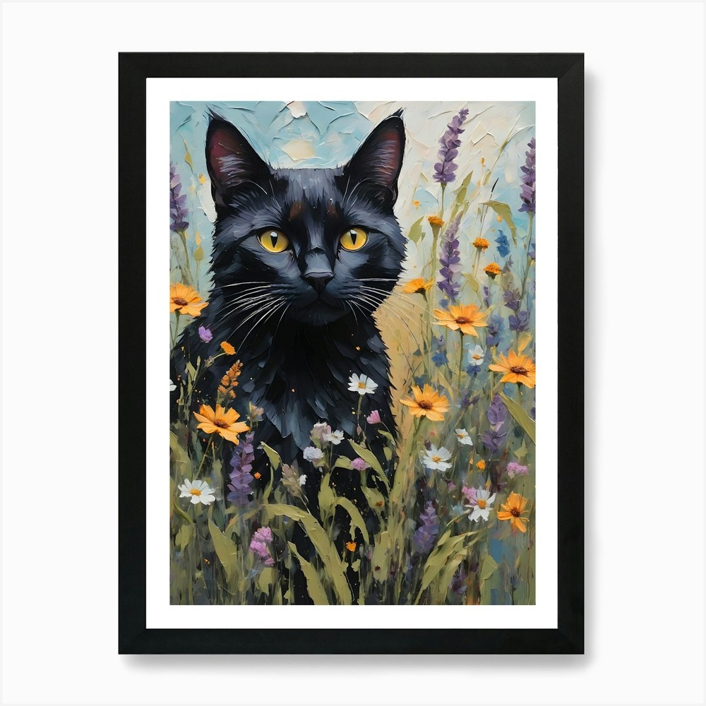 Black Cat Amongst the Wildflowers - Framed Wall Art Poster Canvas Print Picture