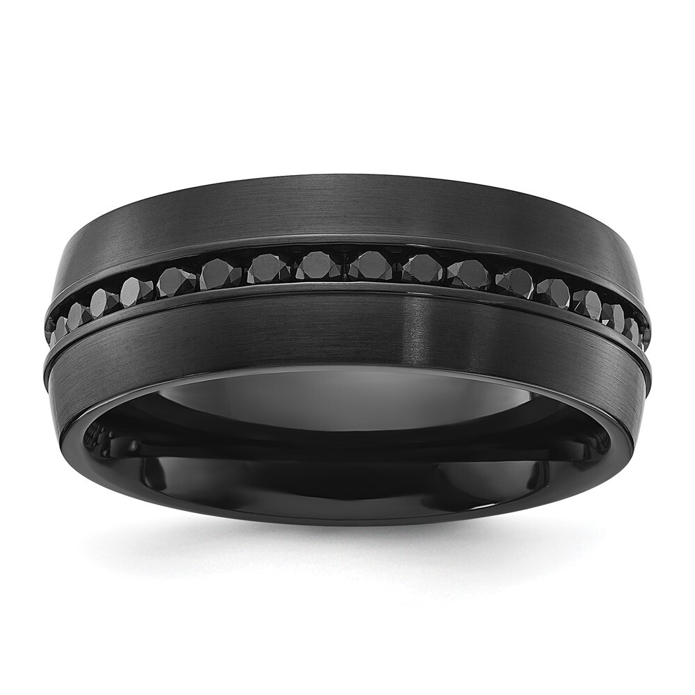 Titanium Brushed Black IP-plated with Black Cubic Zirconia 8mm Band Ring Size 7