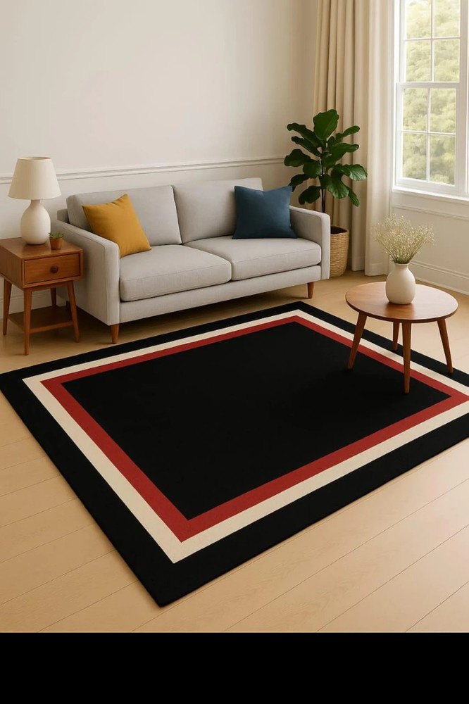 Modern Black Area Rug, Bold Red Cream Border, Contemporary Decor