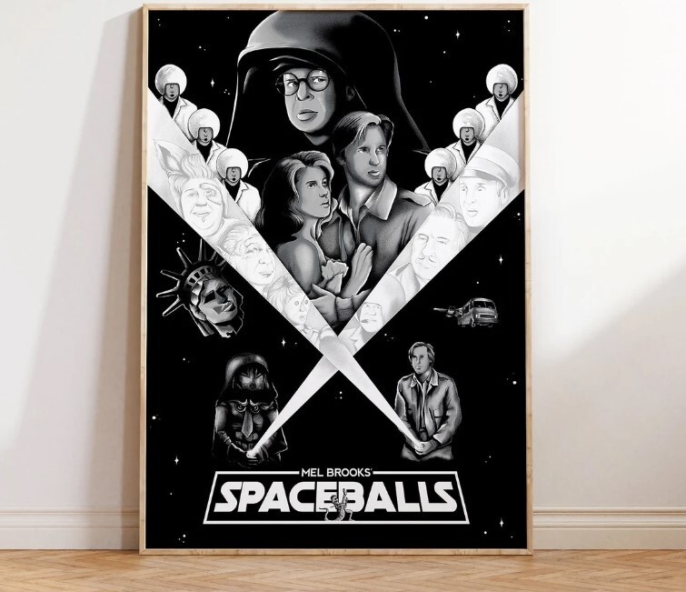 Explore the ultimate sci-fi comedy mashup with this Star Wars Spaceballs Crossover Poster, perfect wall art for fans of both iconic franchises