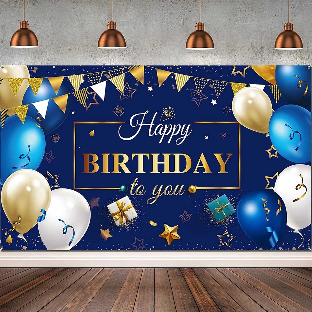 Happy Birthday Decorations Backdrop Banner for Men, Navy Blue and Gold Happy Bir