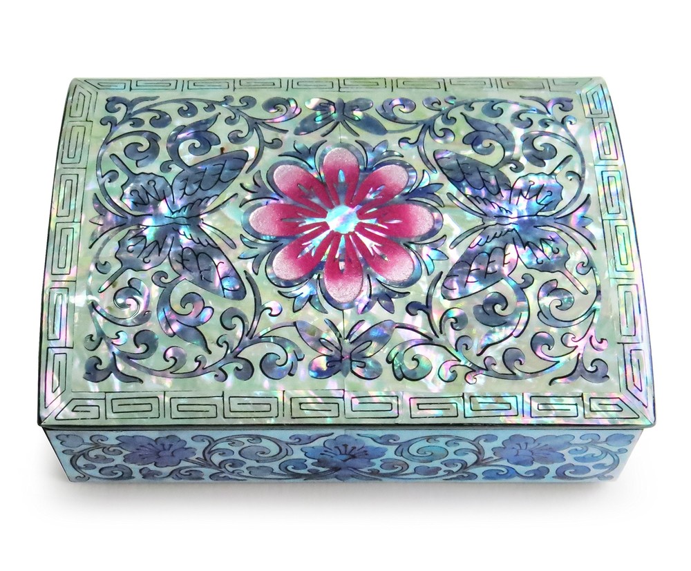 Mother of Pearl Jewelry Box with Butterfly and Floral Design  