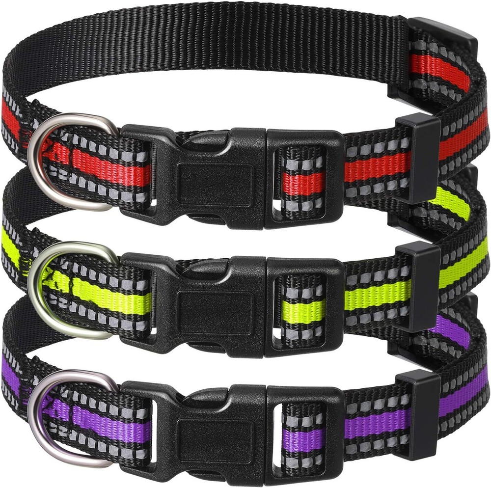 3 Pieces Reflective Dog Collar Adjustable Nylon Pet Collars Reflective Nylon ...