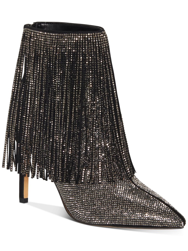 INC Womens Black Rhinestone Fringed Ismeria Pointed Toe Stacked Heel Booties 5 M