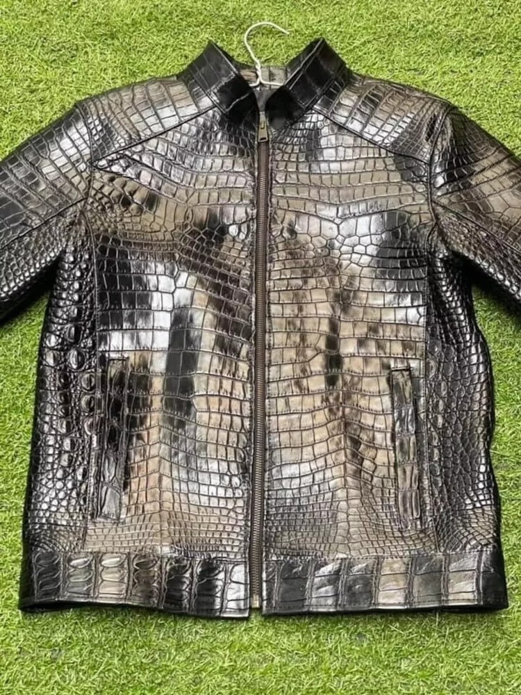 Men's Black Real Leather Crocodile Embossed Jacket Biker Alligator Print Jacket