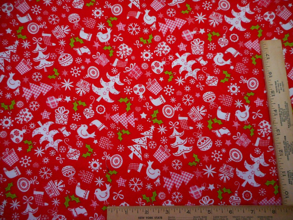 Cotton Fabric By Yard White Christmas Tree Stocking Snow Star Holly on Red  #42