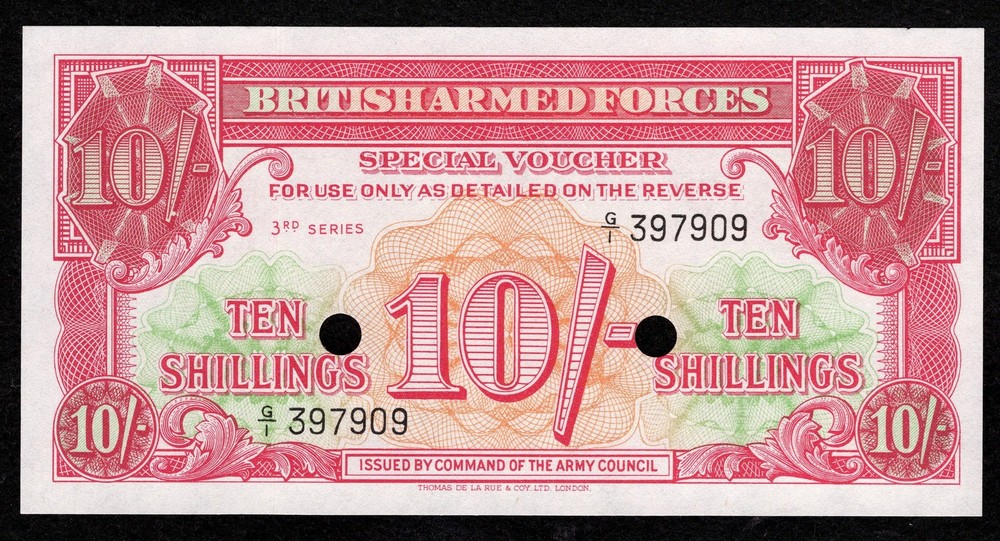 British Armed Forces 10 Shillings 3rd Series Special Voucher UNC Hole Cancelled-image