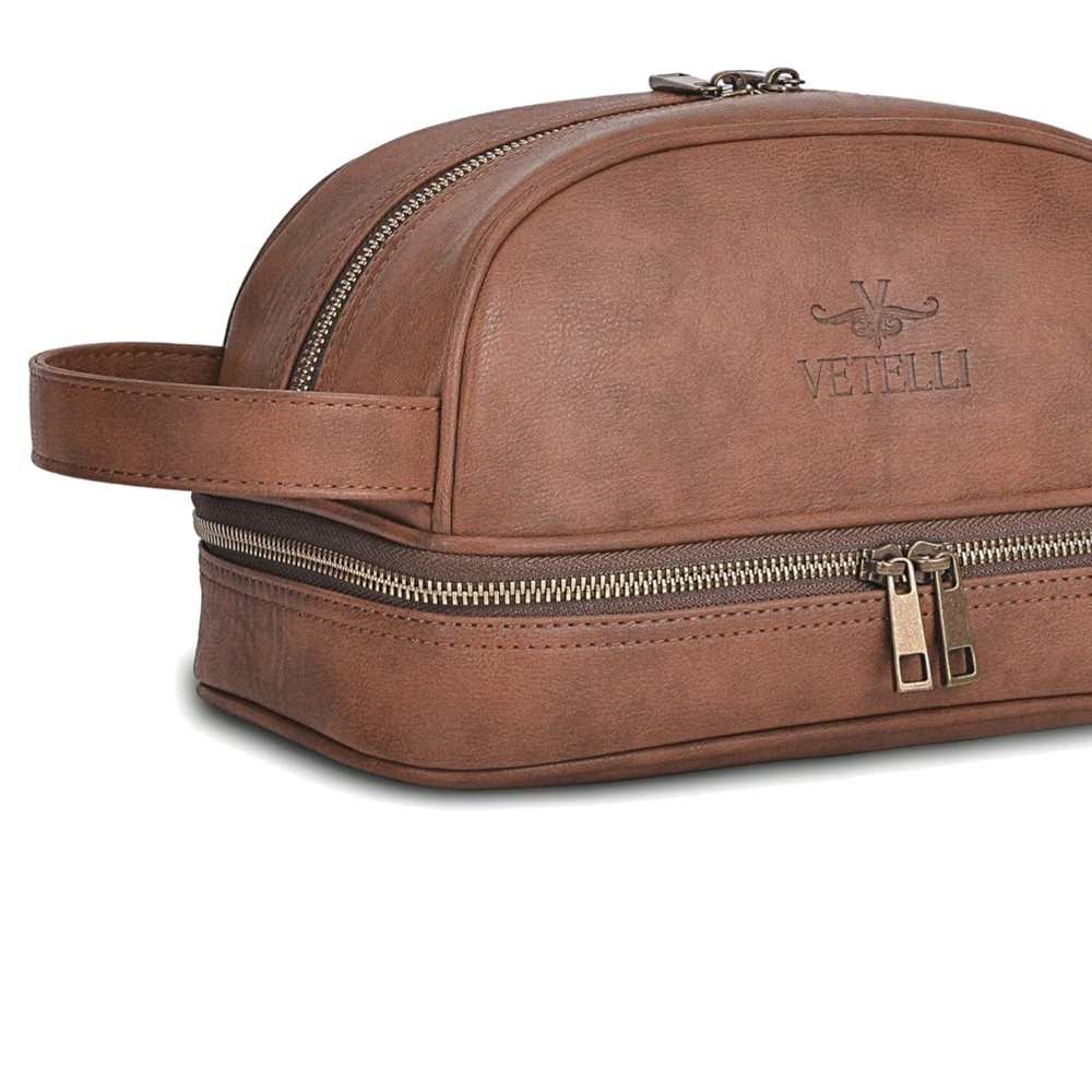 Classic Leather Men's Travel Toiletry Bag with Dual Zippers