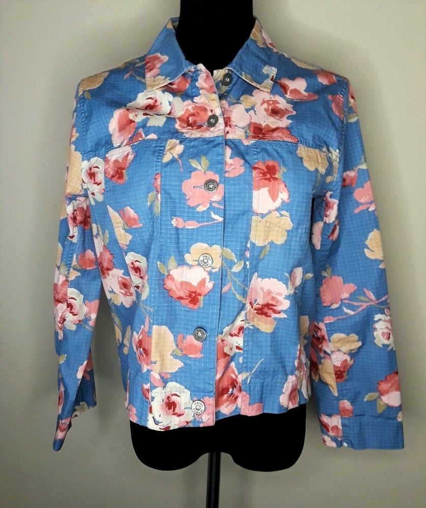 MARSH LANDING Blue Floral Cotton Button Front Jacket Top Size Small