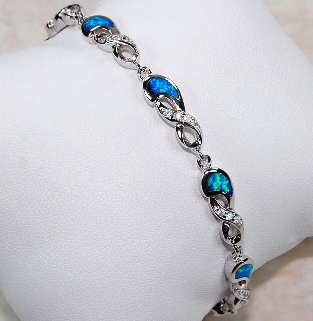 Australian Opal Inlay & Topaz 925 Solid Sterling Silver Tennis Bracelet OB5